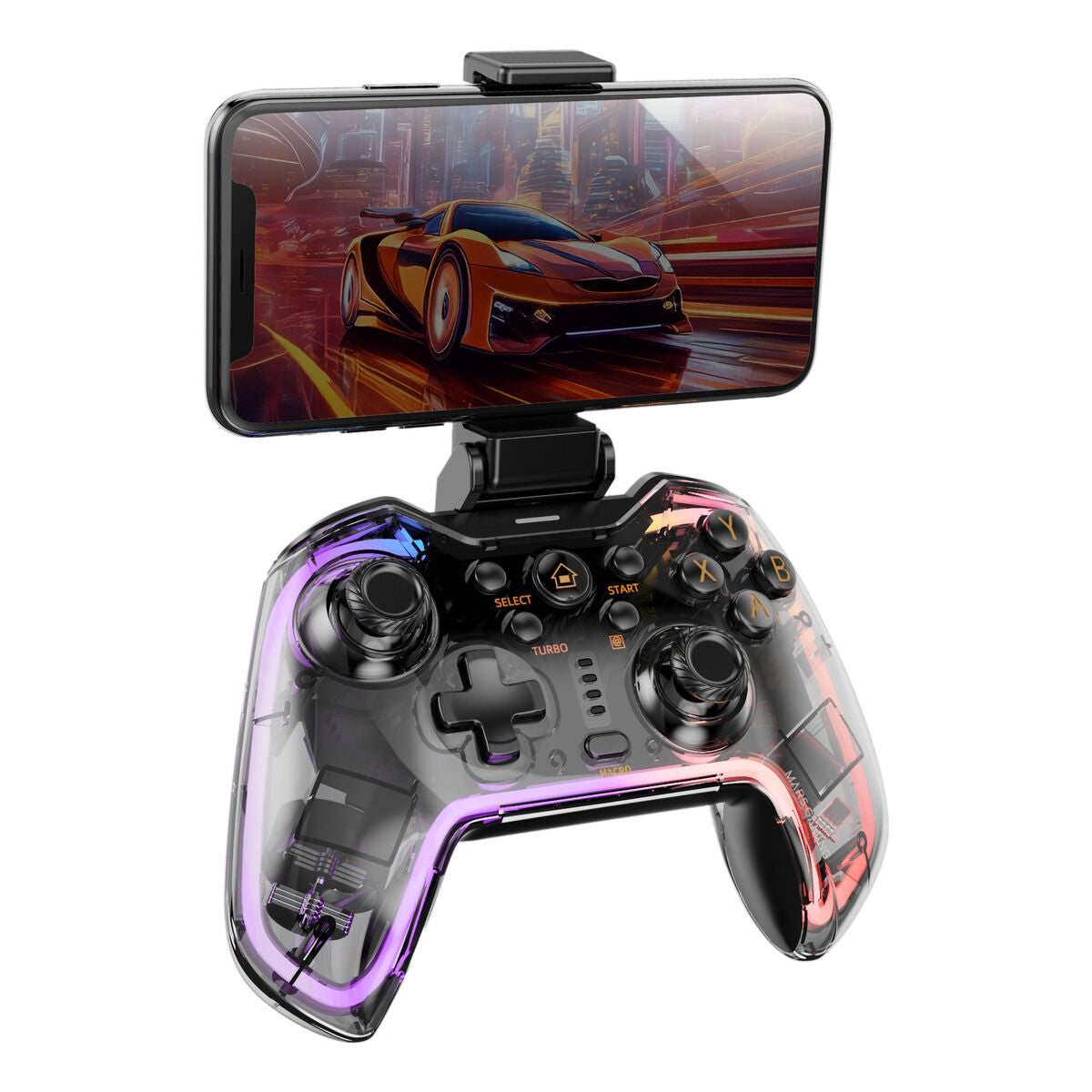 Gaming controller with phone mount and colorful LED lighting.