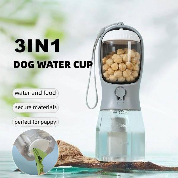 3-in-1 Portable Pet Water Bottle with Food & Waste Bag Compartment - Smokey Finds