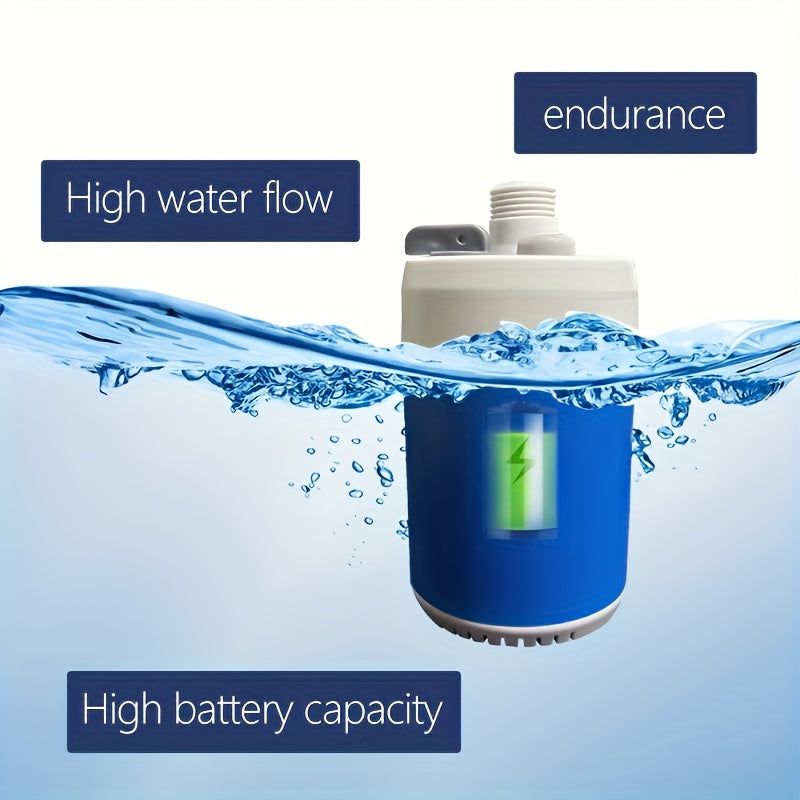 Compact camping shower pump submerged in water bucket, in use outdoors