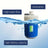 Compact camping shower pump submerged in water bucket, in use outdoors