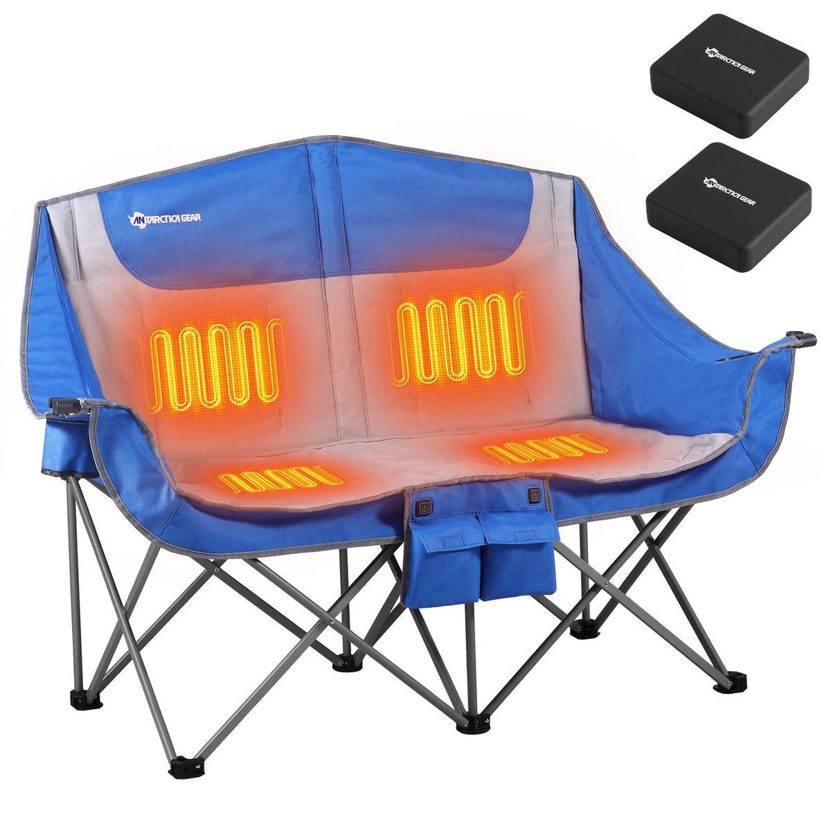 ANTARCTICA GEAR heated double camping chair blue set up outdoors