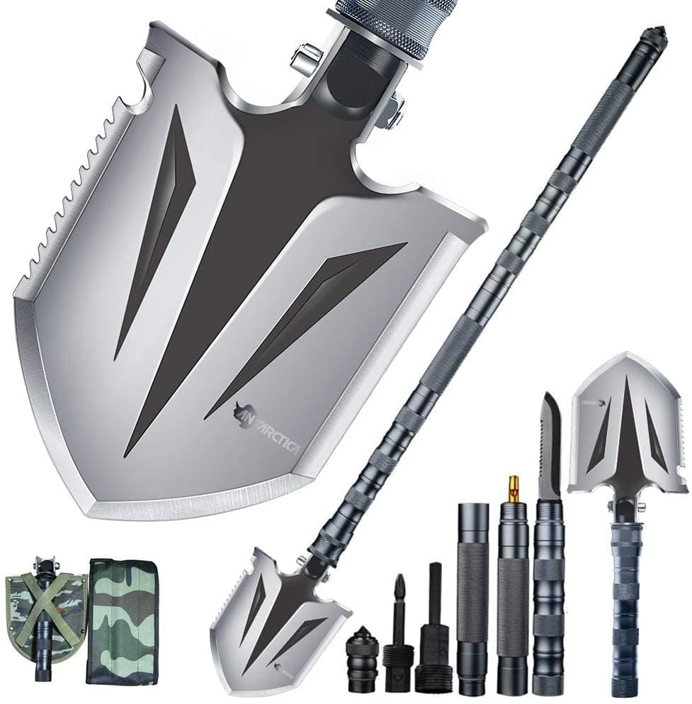 16-in-1 military camping shovel with fire starter and whistle silver