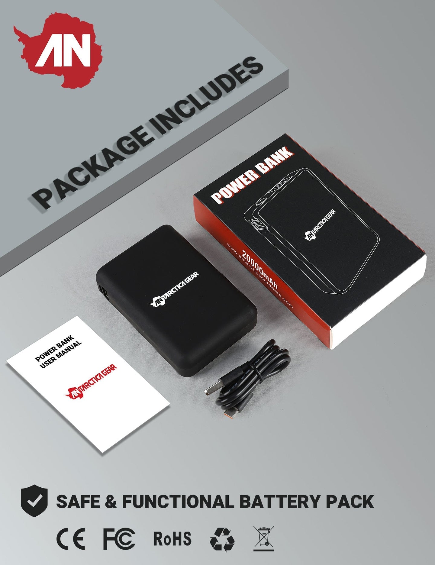 ANTARCTICA GEAR power bank LED display showing battery level