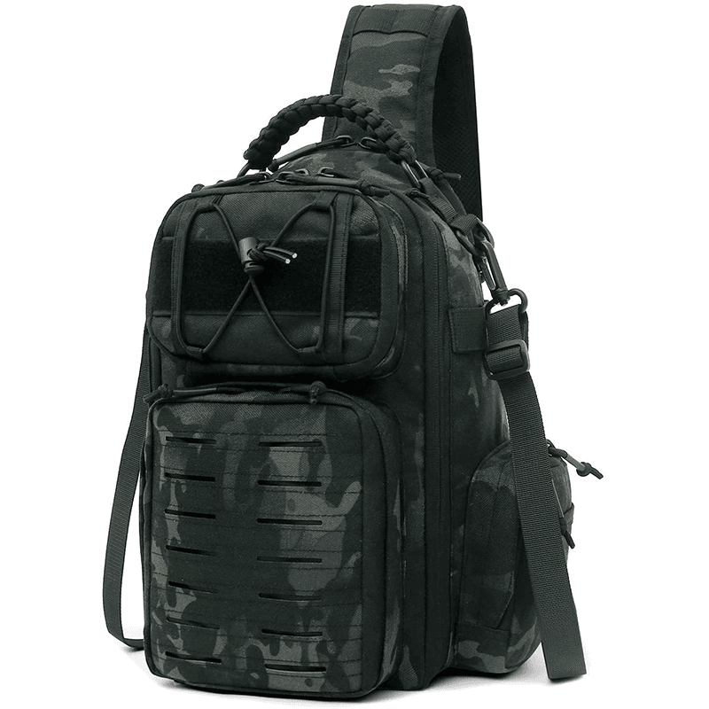 Military tactical sling bag dark camo front view