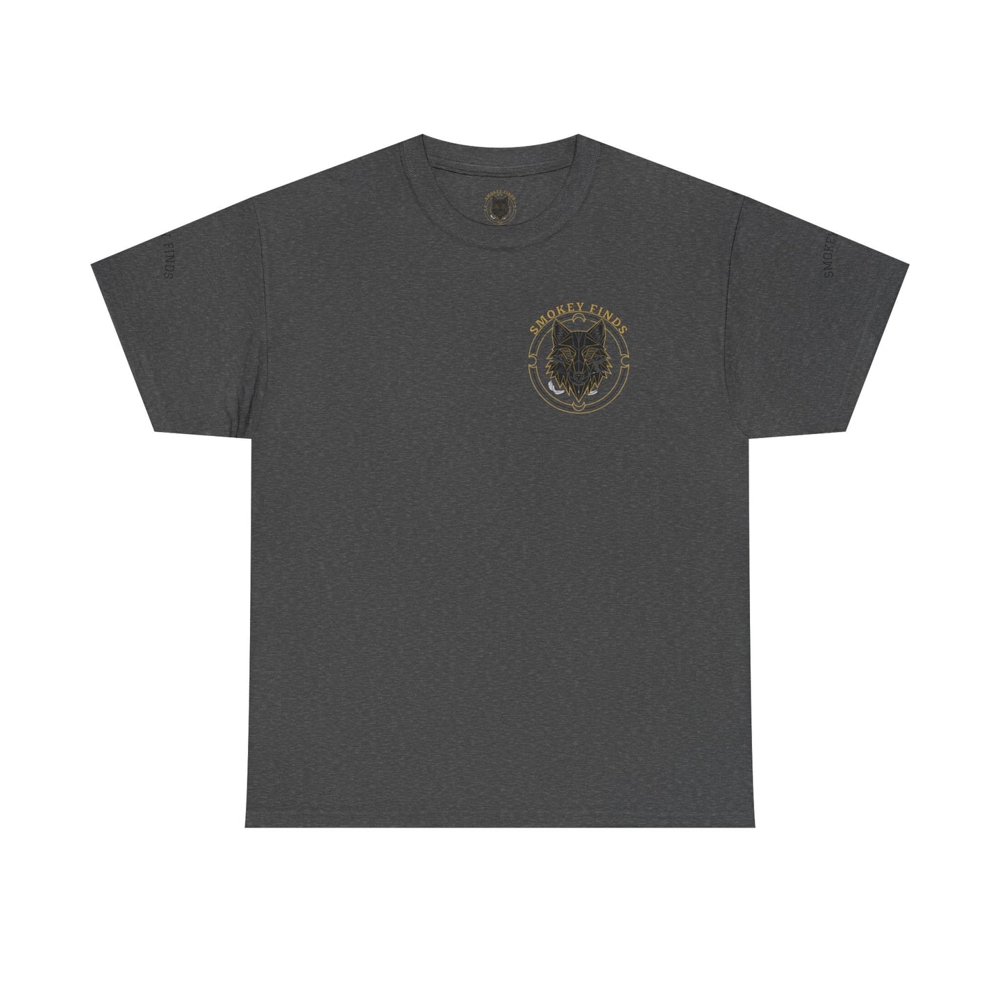 Dark gray crew neck graphic T-shirt featuring a gold wolf crest design with Smokey Finds logo, unisex casual wear, SKU: 49922772630601232944