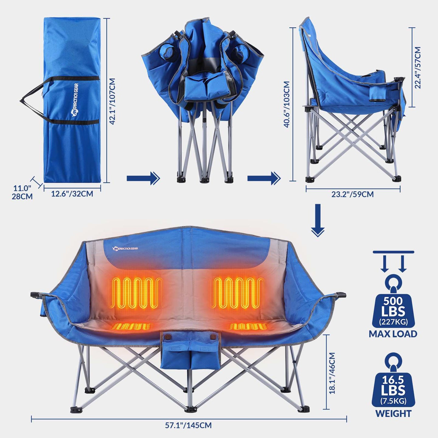 2-person heated camping chair cup holders and rear storage pocket