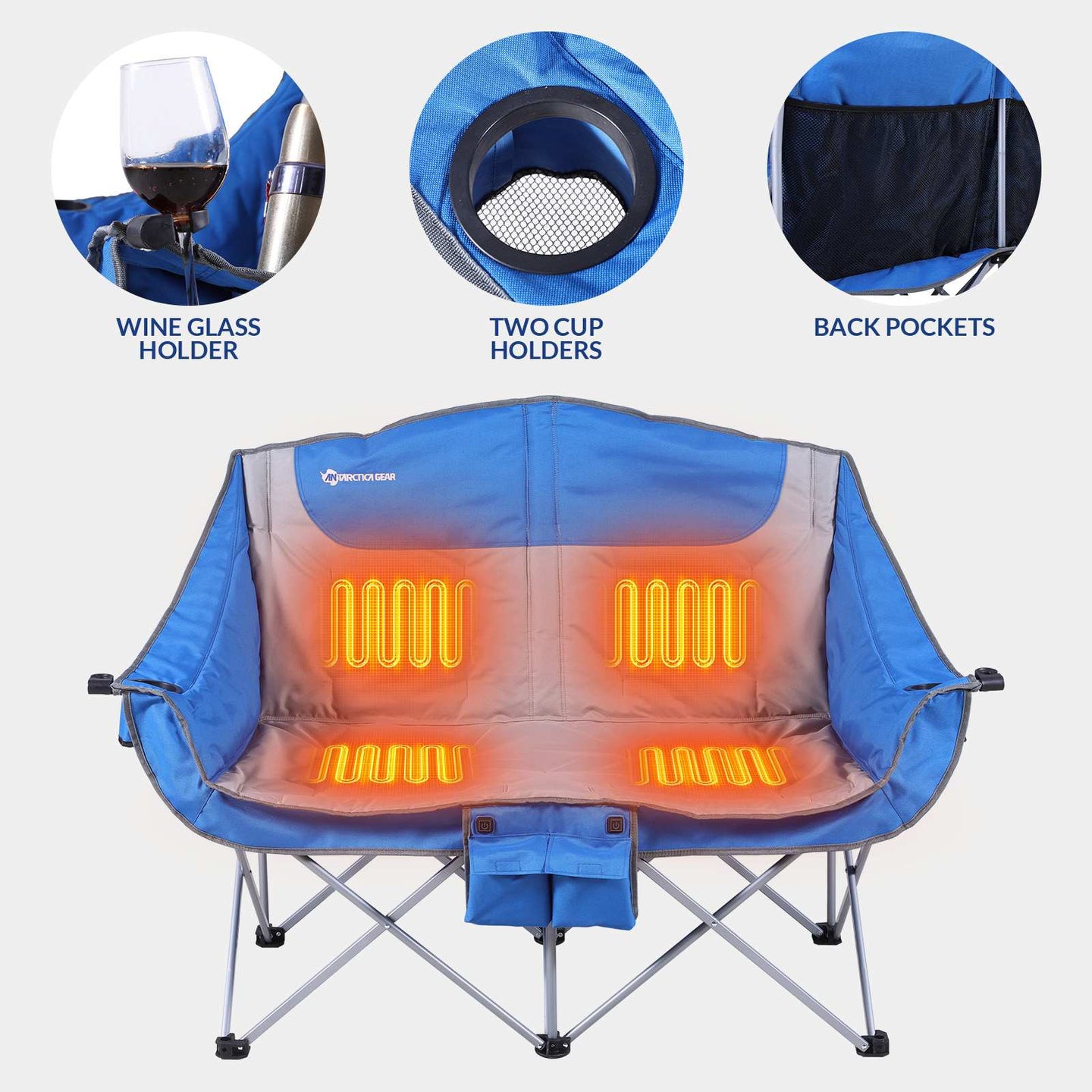 Heated loveseat camping chair 4-zone heating control panel close up