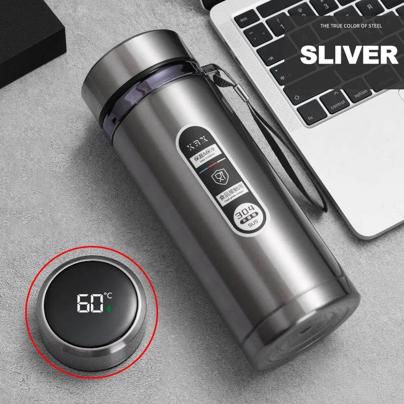 Stainless Steel Thermos Bottle LED Temperature Display Silver - Smokey Finds
