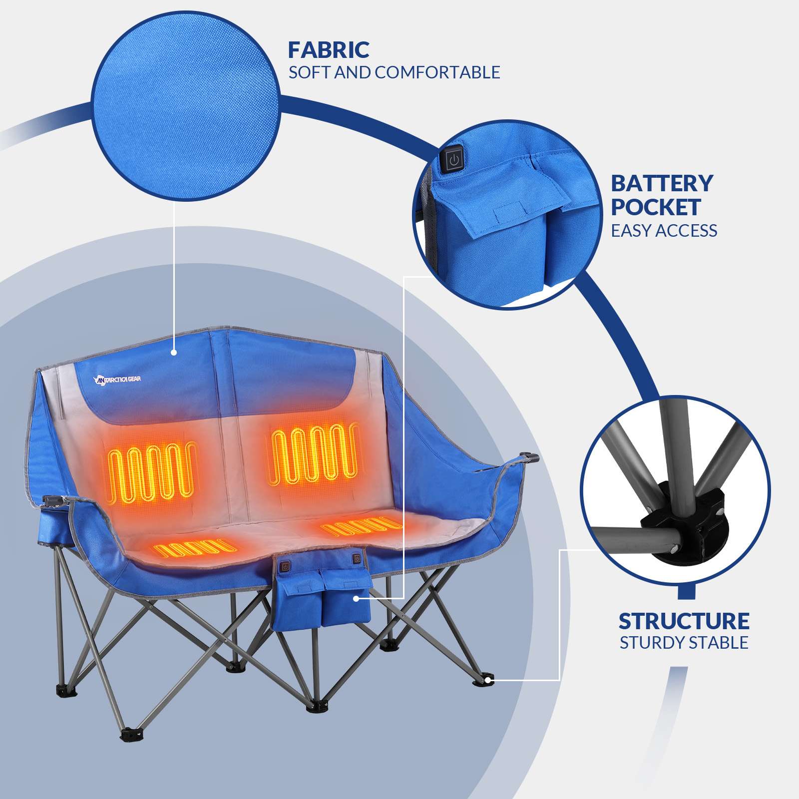 Heated double camping chair powder-coated steel frame 500 lb capacity