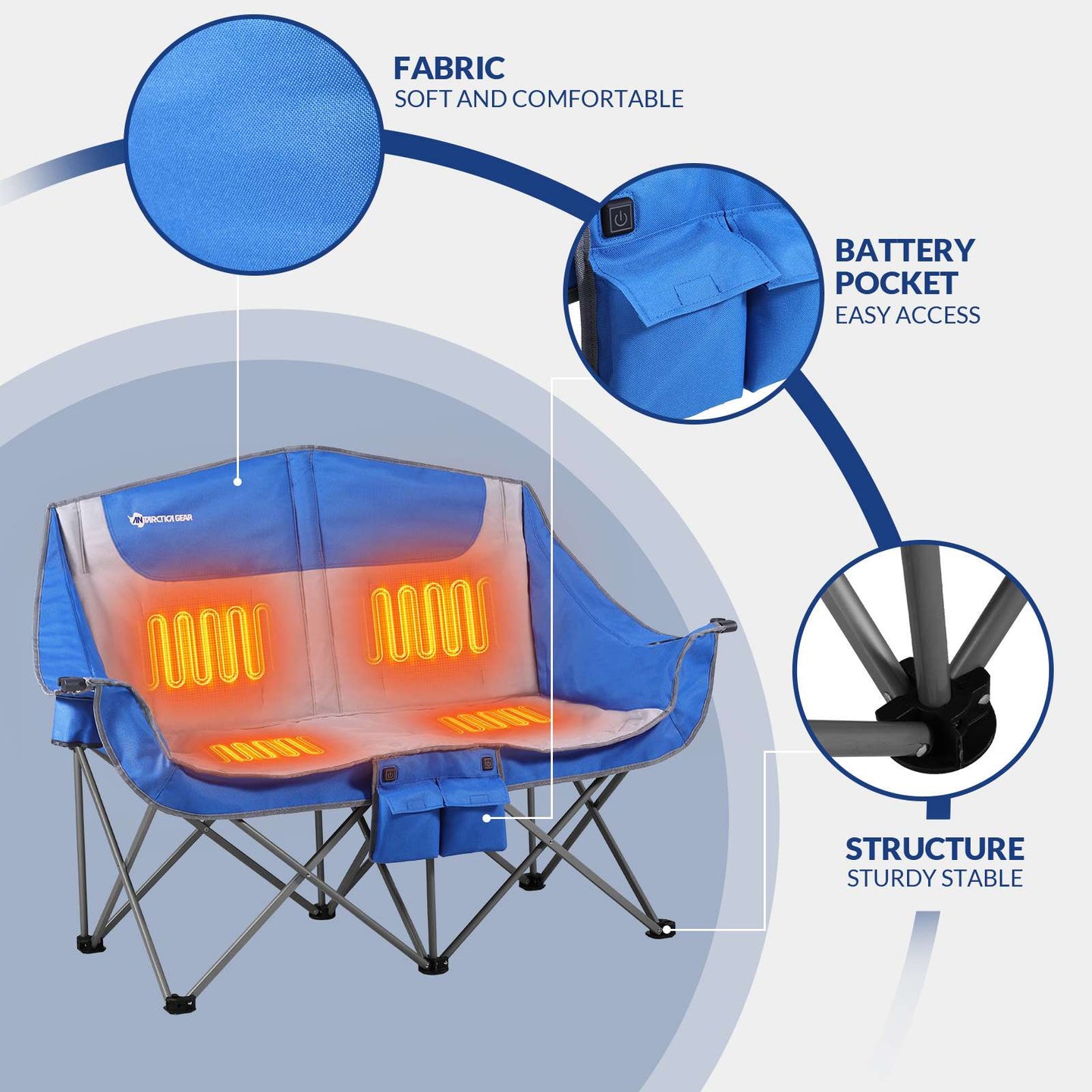 Heated double camping chair powder-coated steel frame 500 lb capacity