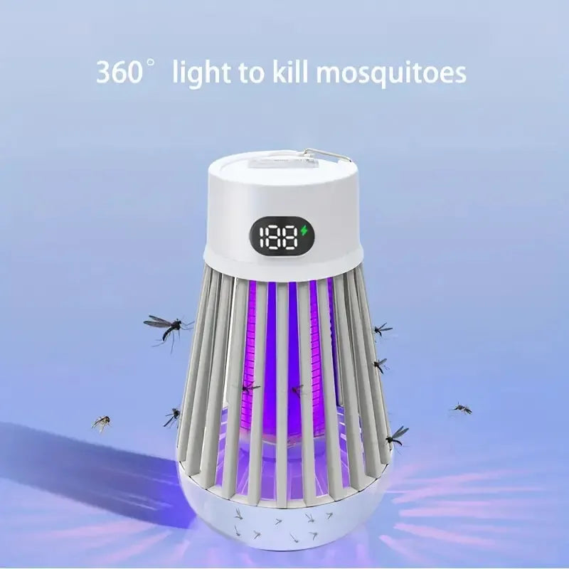 Electric insect killer lamp glowing with UV light in dark setting