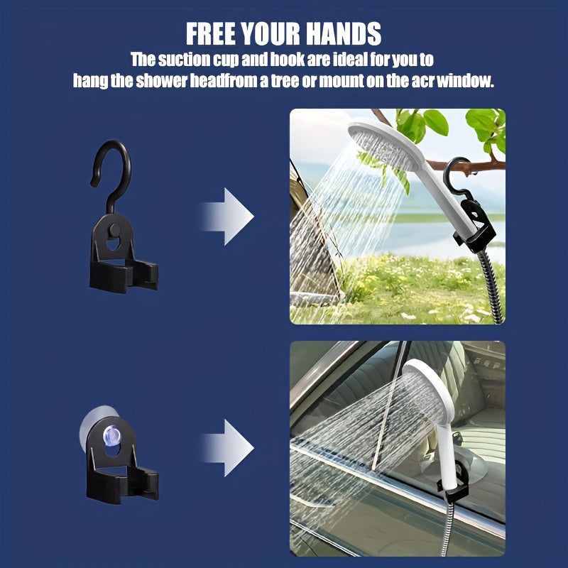 USB rechargeable camping shower being used to rinse off at campsite