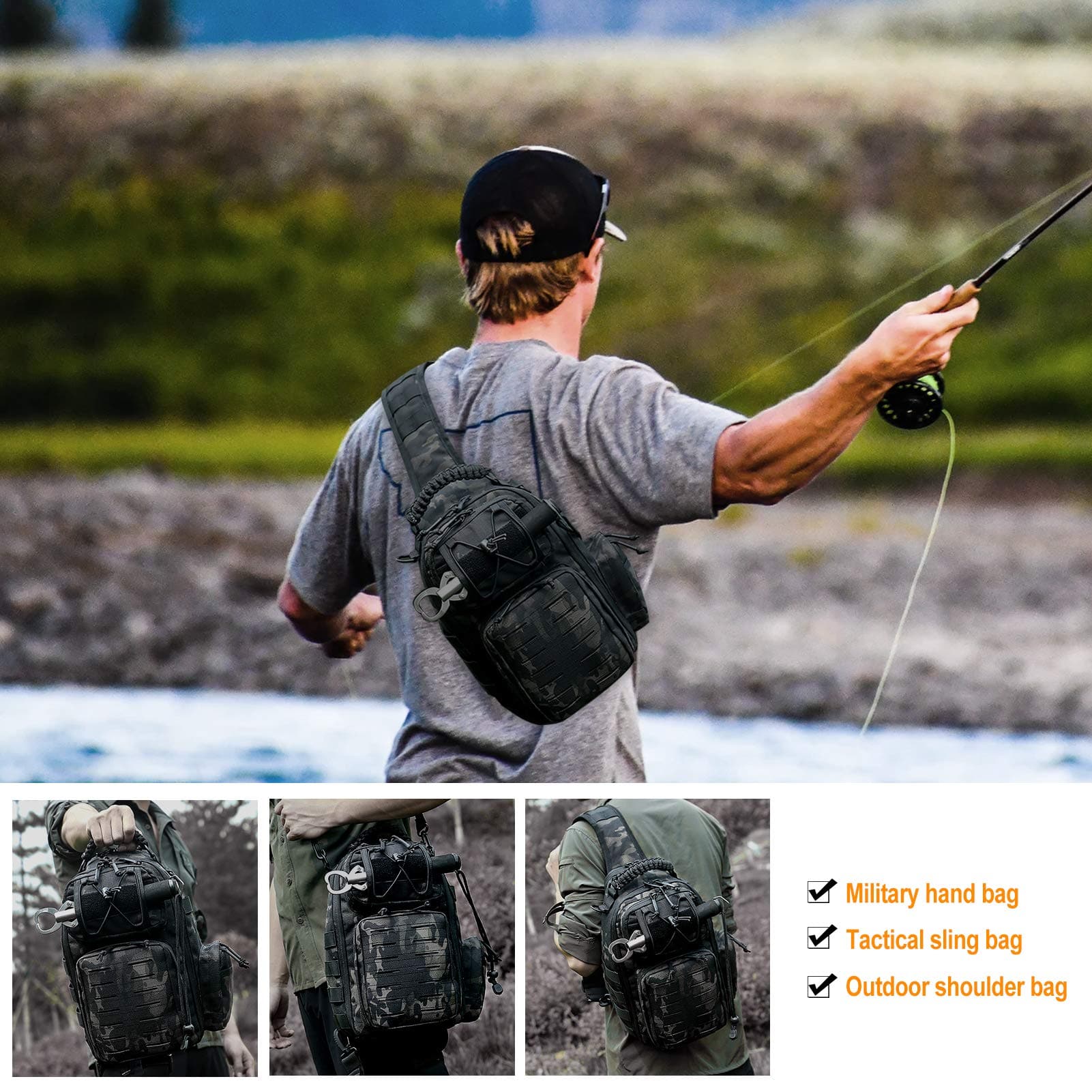Waterproof tactical sling bag back panel dark camo