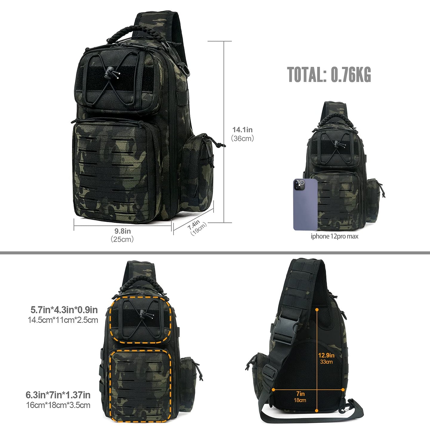 Anti-cut waterproof tactical sling bag side pocket detail dark camo