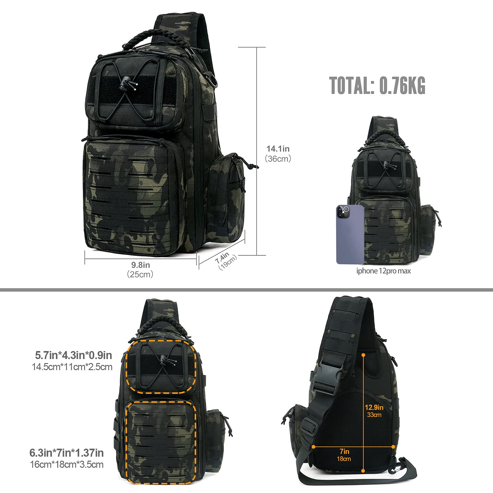 Anti-cut waterproof tactical sling bag side pocket detail dark camo