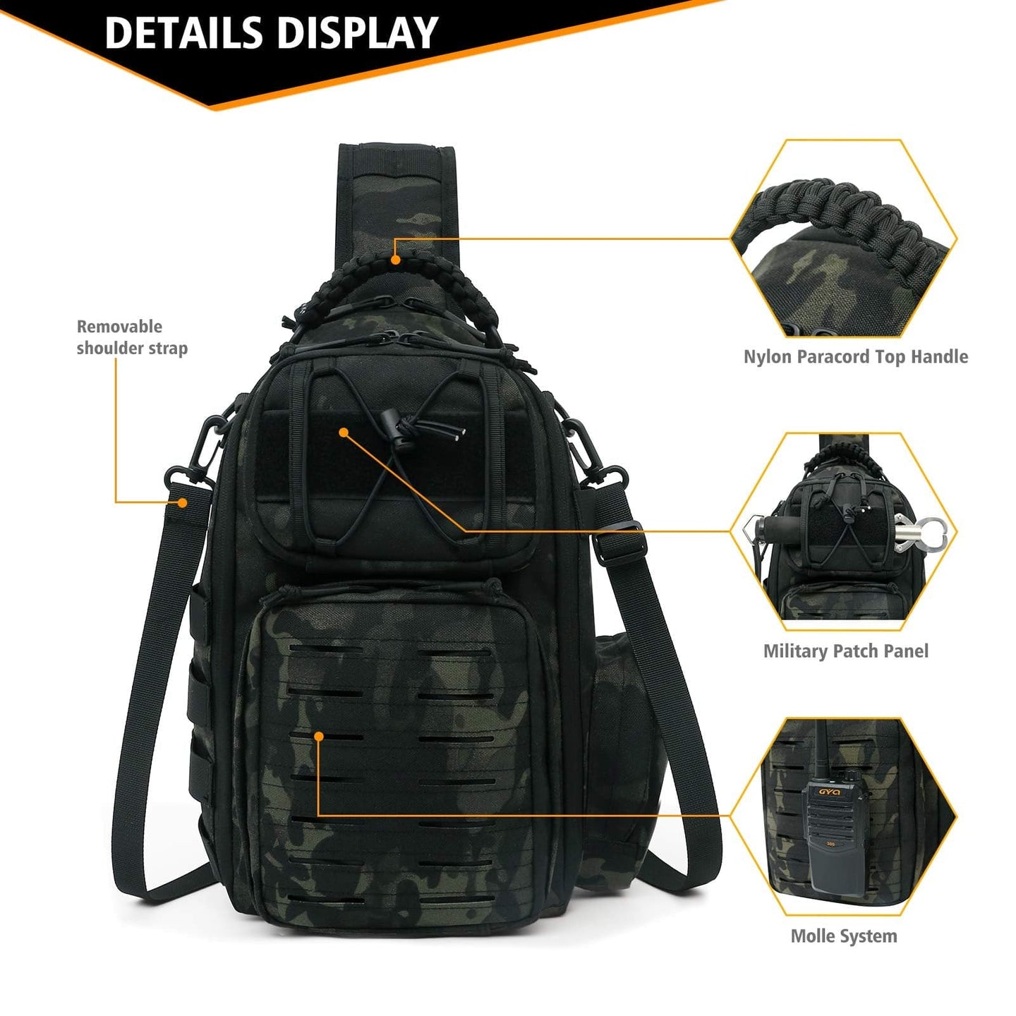 Tactical crossbody sling bag MOLLE webbing dark camo