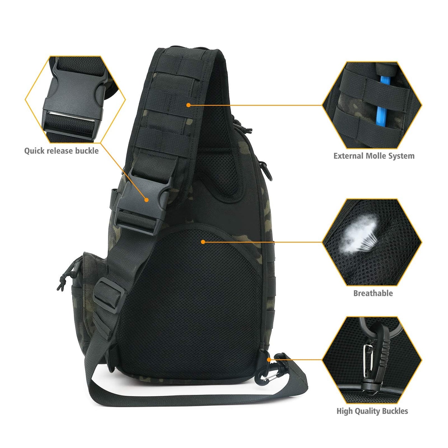 Military sling bag interior compartments and organization dark camo