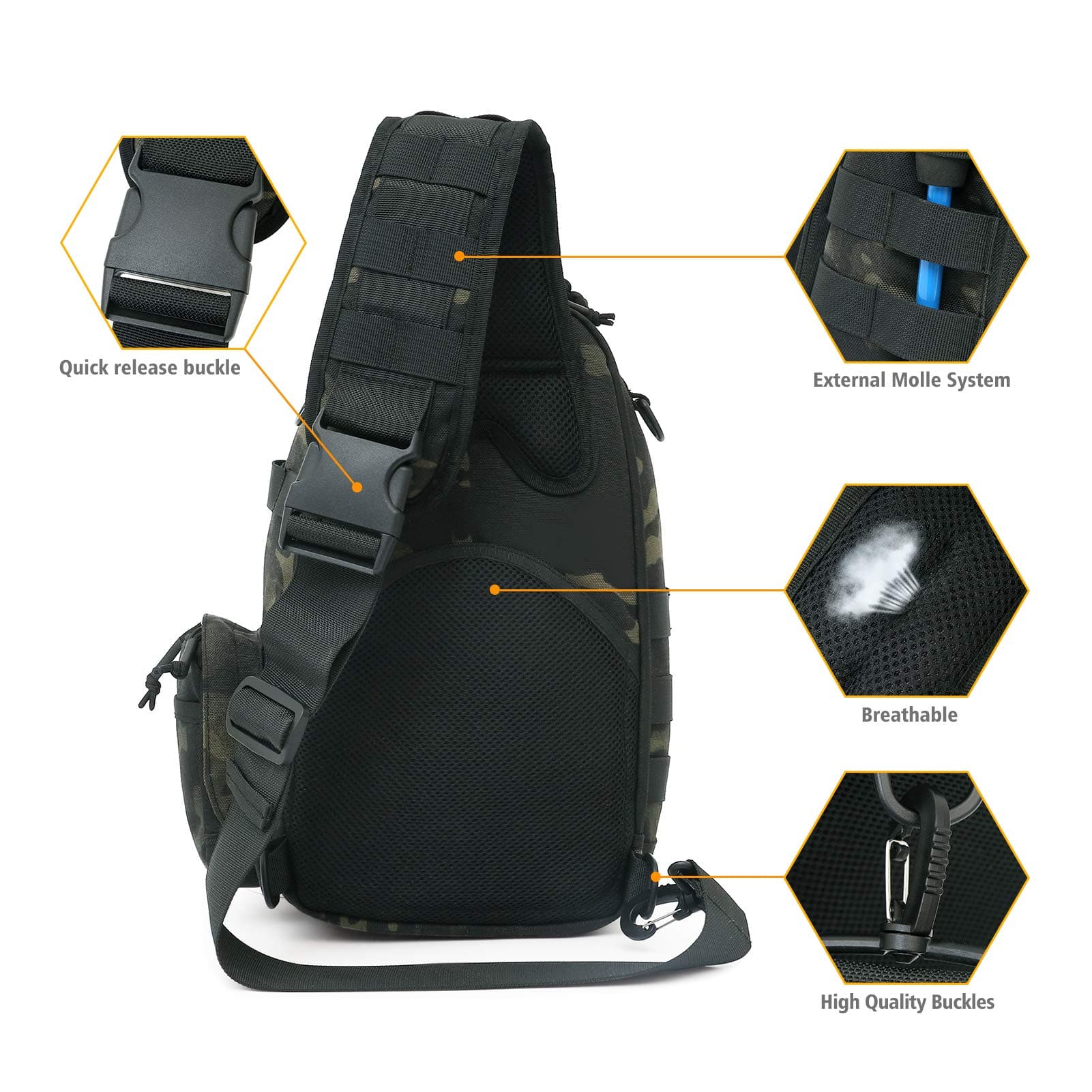 Military sling bag interior compartments and organization dark camo