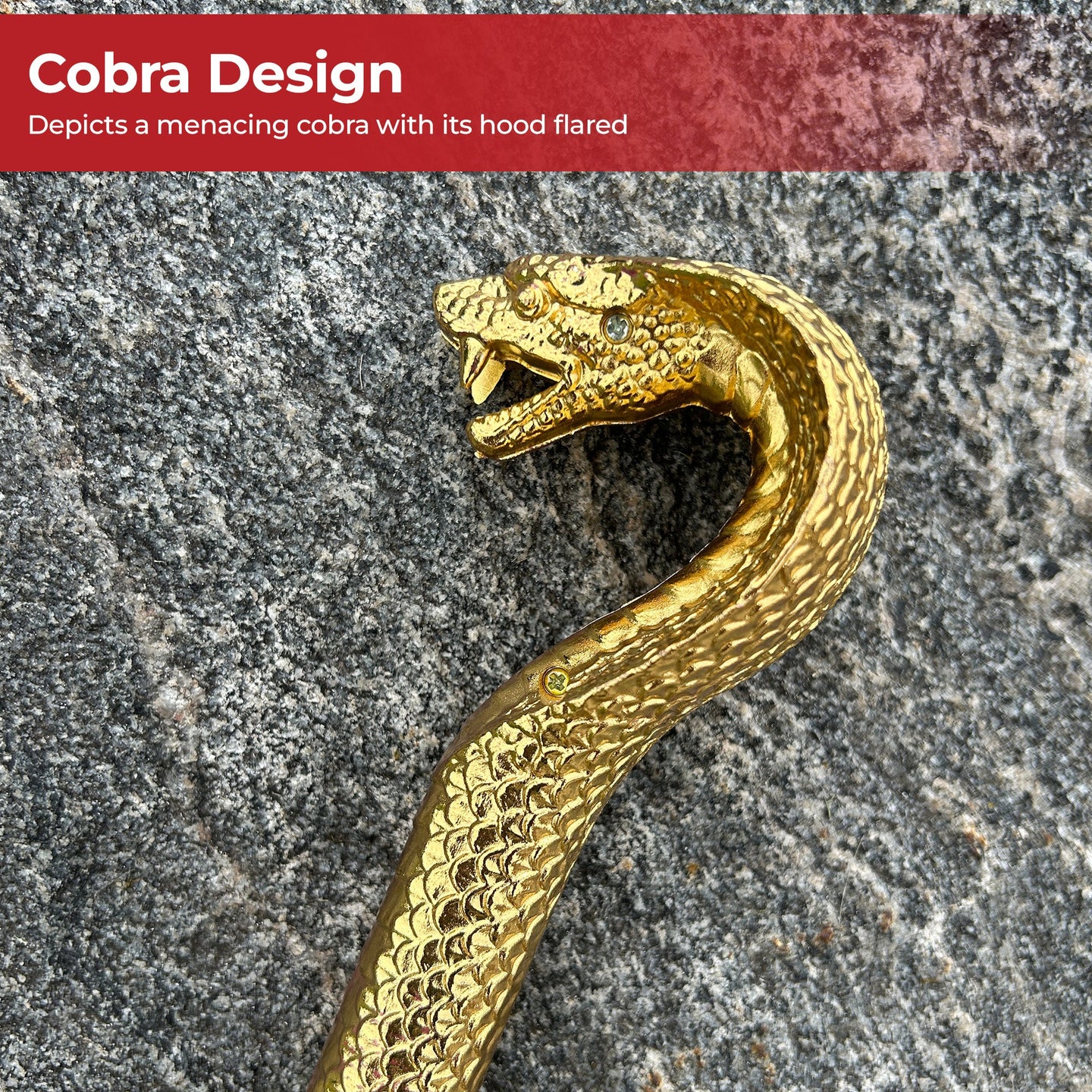 gold cobra walking cane with black shaft