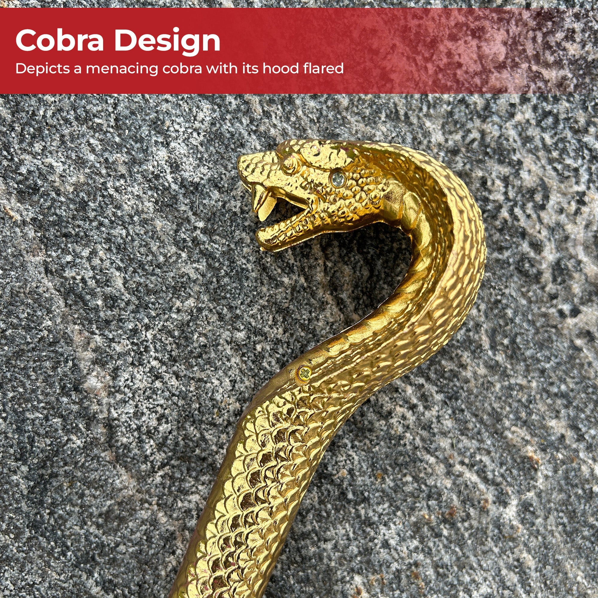 gold cobra walking cane with black shaft