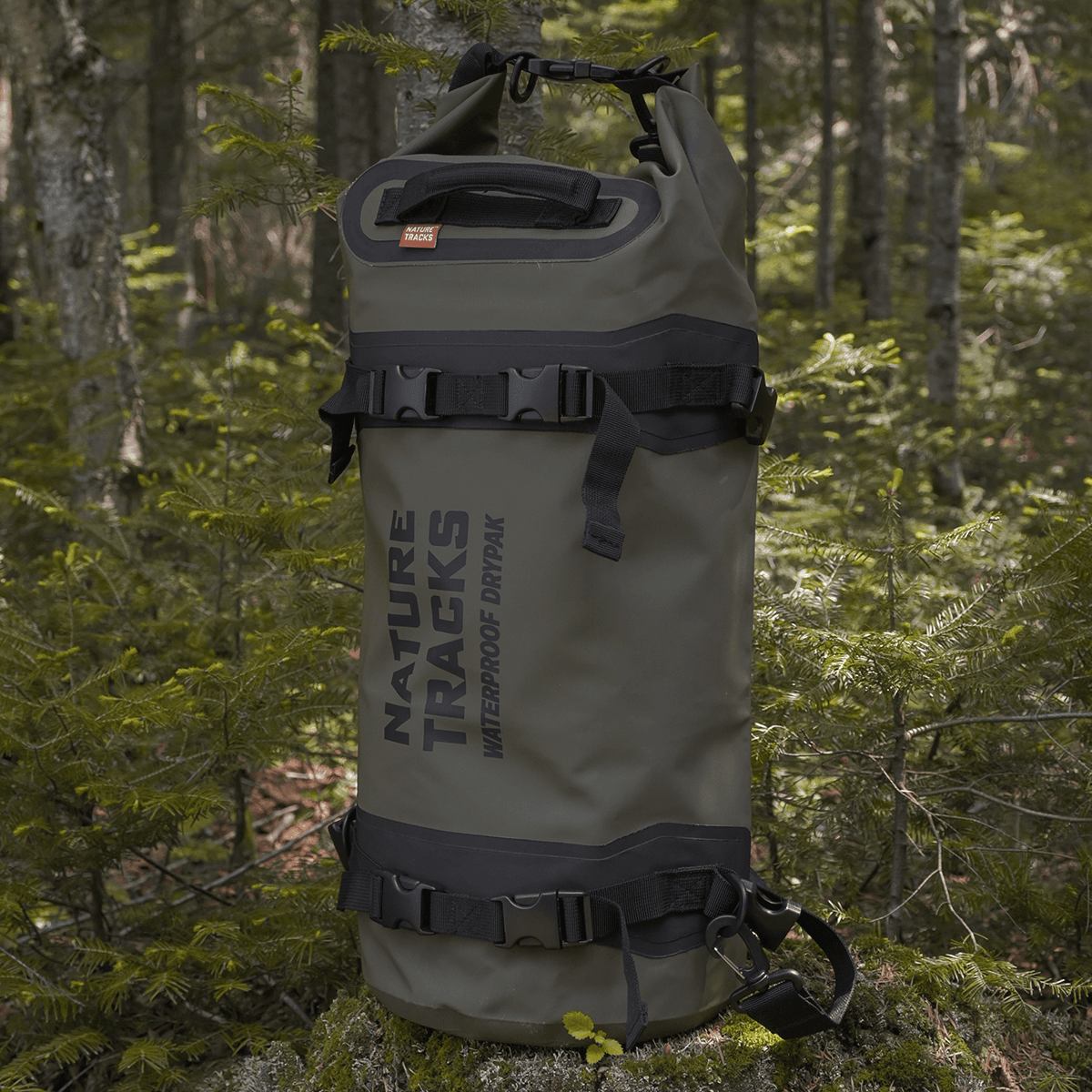 "Green waterproof adventure duffel bag 25L – side view"