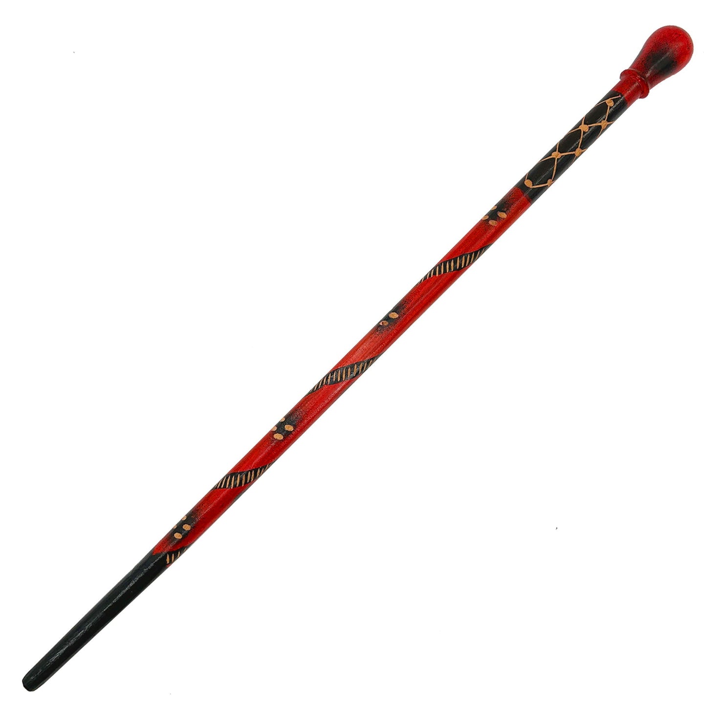 Close-up of the red and black painted wooden handle of the Malawi walking cane