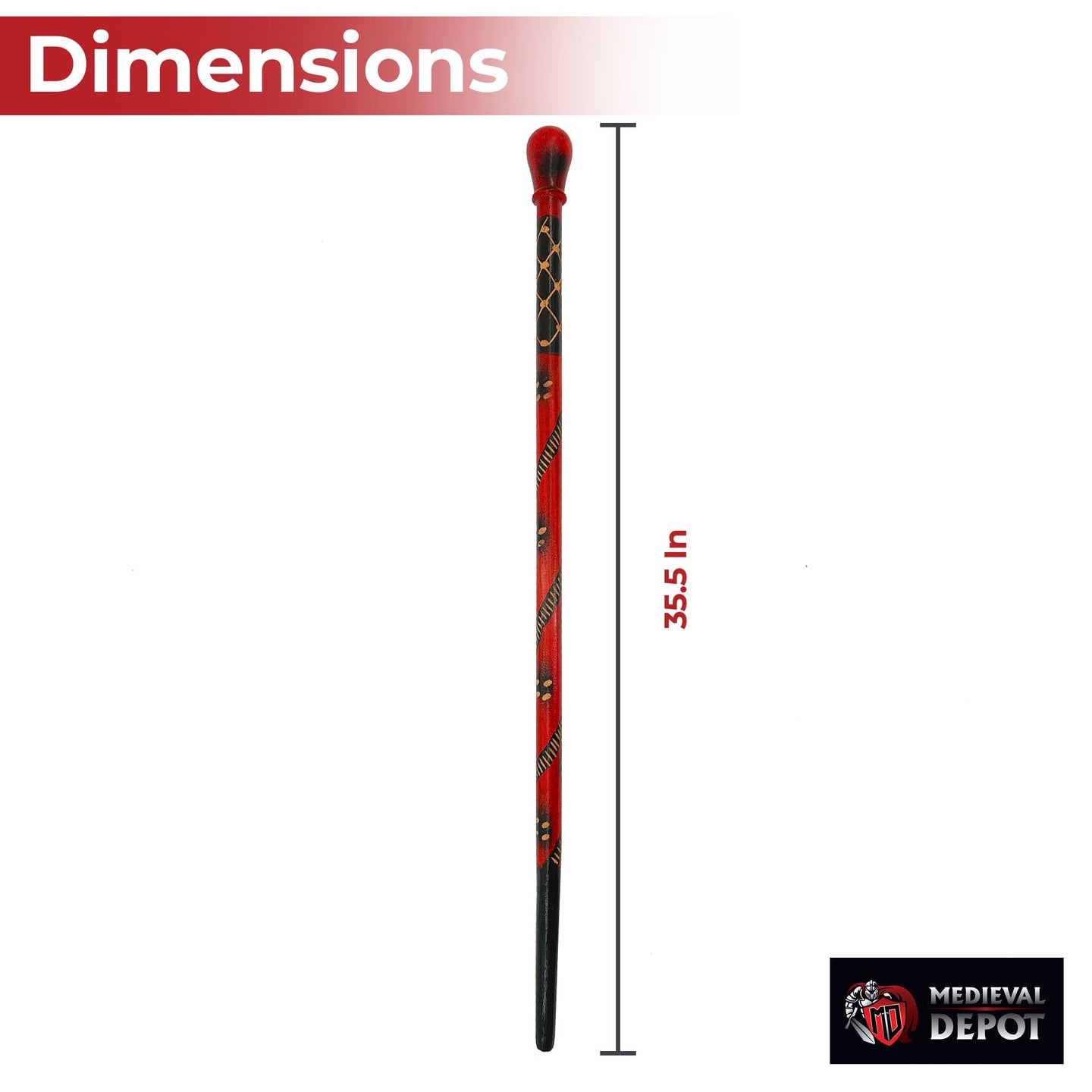 Measurement guide showing the length of the handmade Malawi walking cane