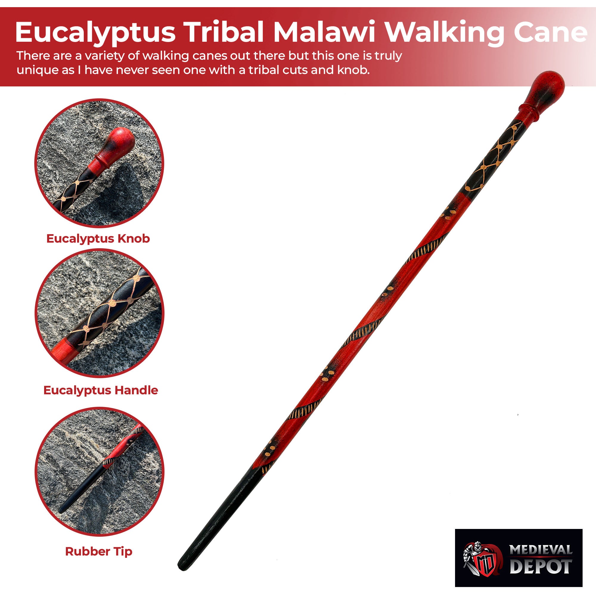 Black and red painted wooden handle of the Malawi walking cane with tribal design