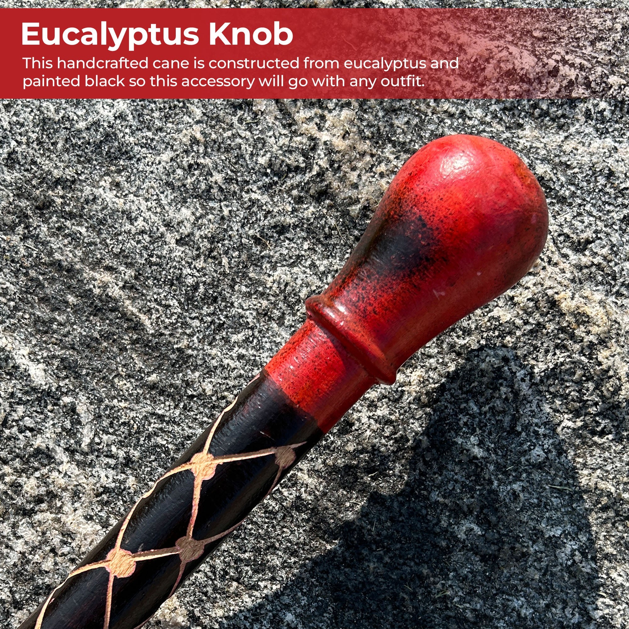Eucalyptus wood walking cane with tribal groove detailing and rubber tip for stability