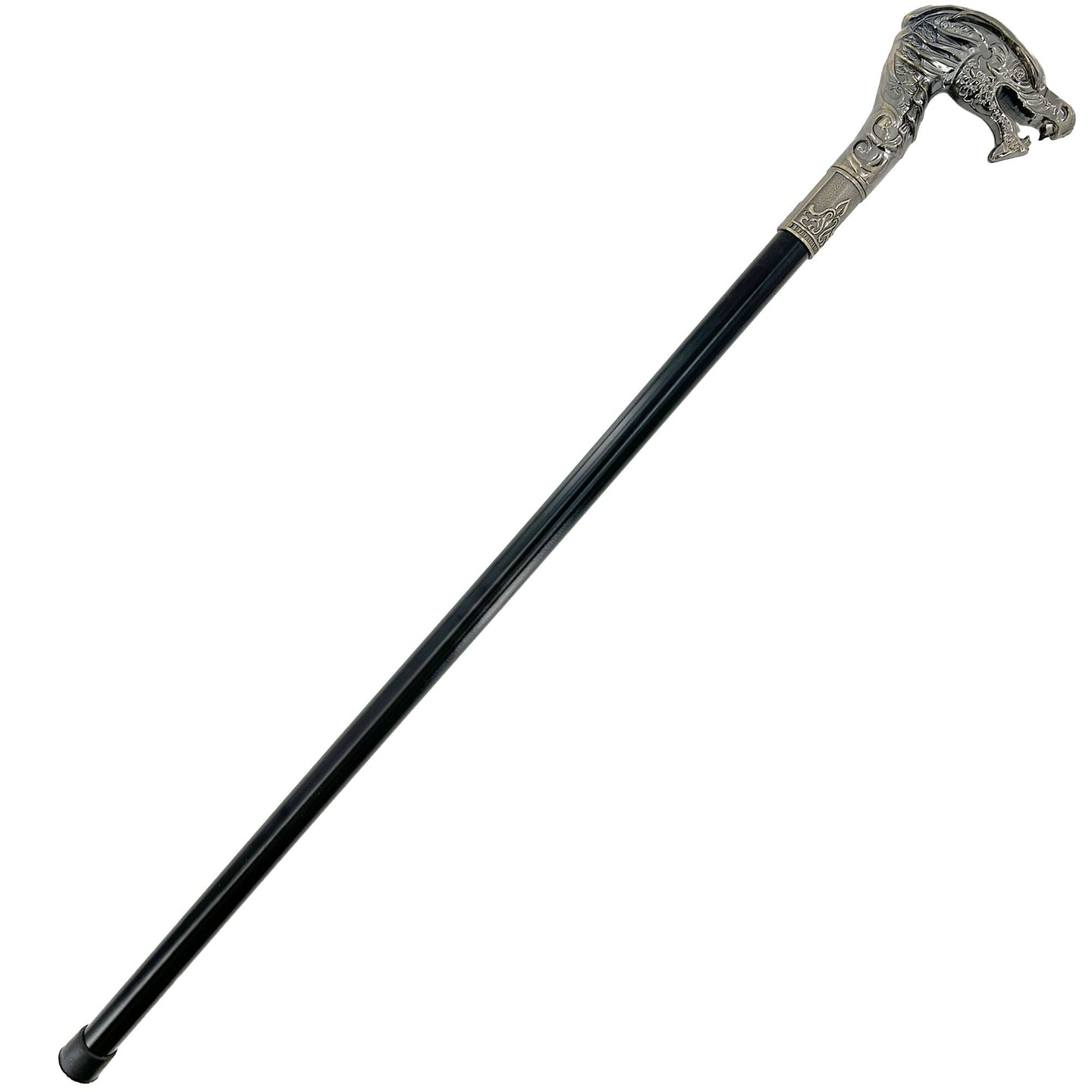 Black walking cane with dragon head handle and metal shaft