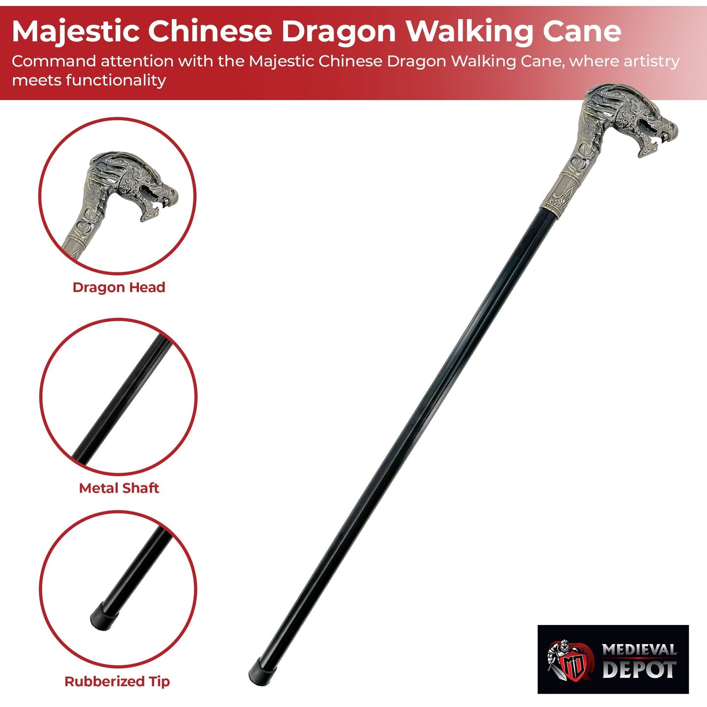 Chinese dragon walking cane with metal shaft and rubber tip