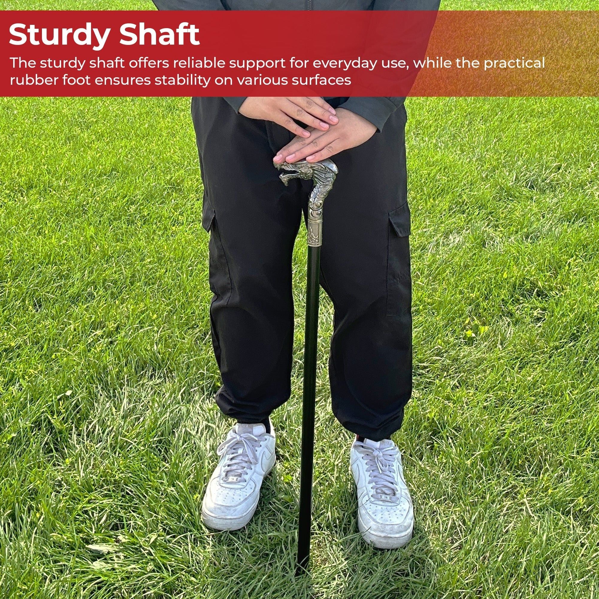 Person holding a dragon head handle walking cane outdoors