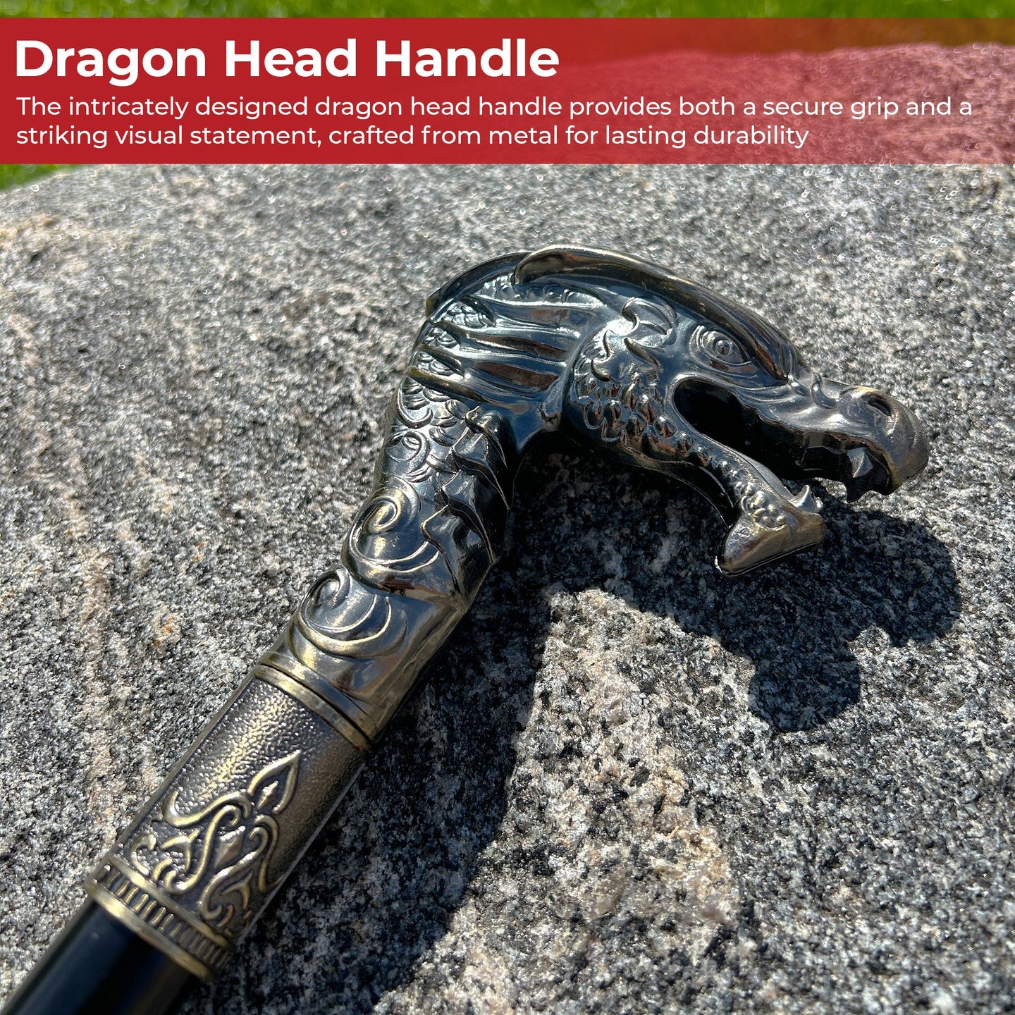 Close-up of detailed dragon head handle on walking cane