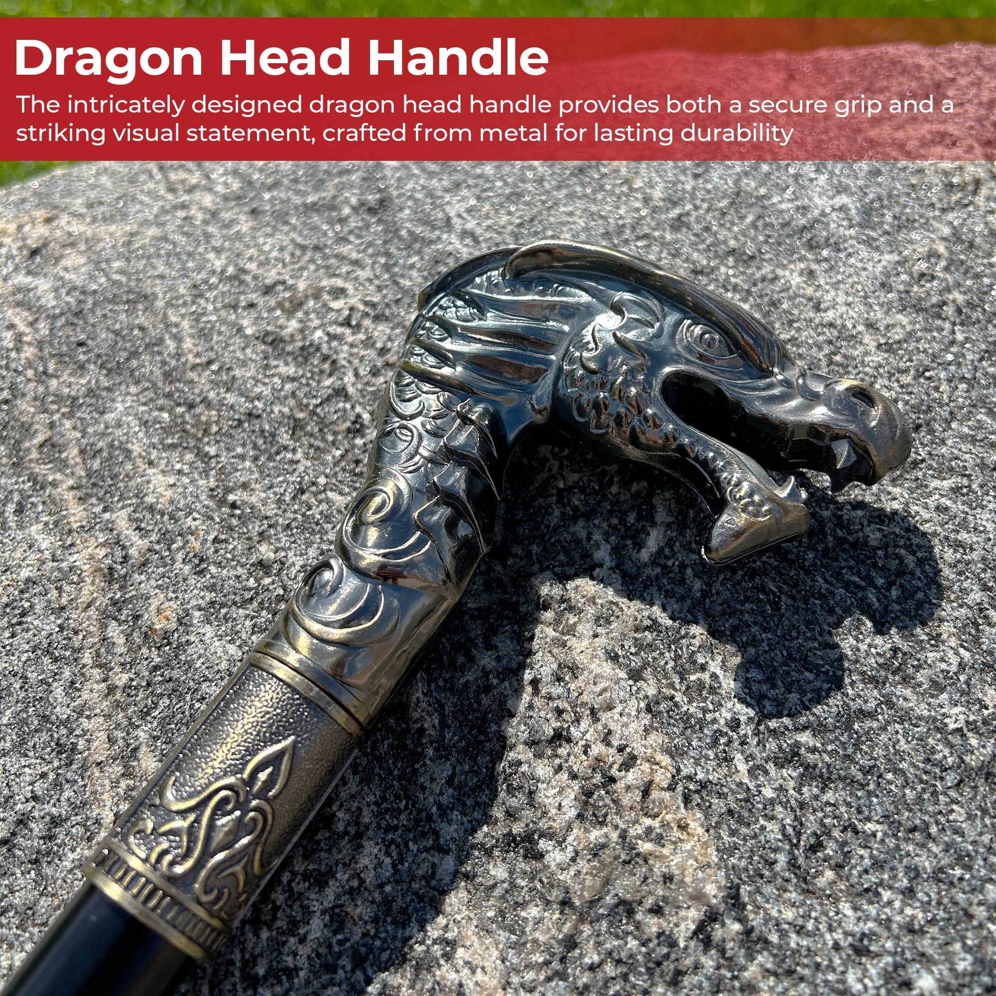 Close-up of detailed dragon head handle on walking cane