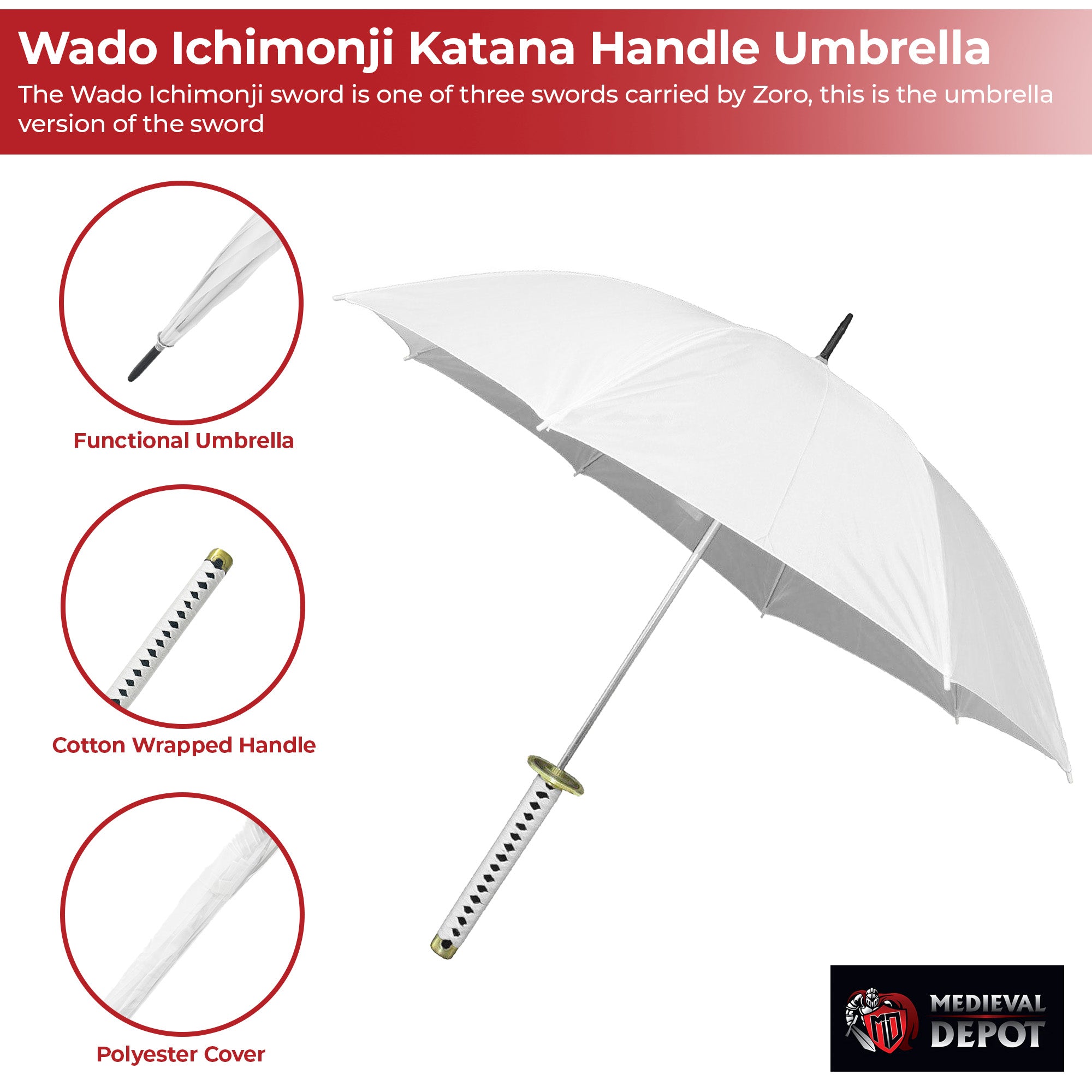 One piece Zoro Wado Ichimonji Katana Handle Umbrella White