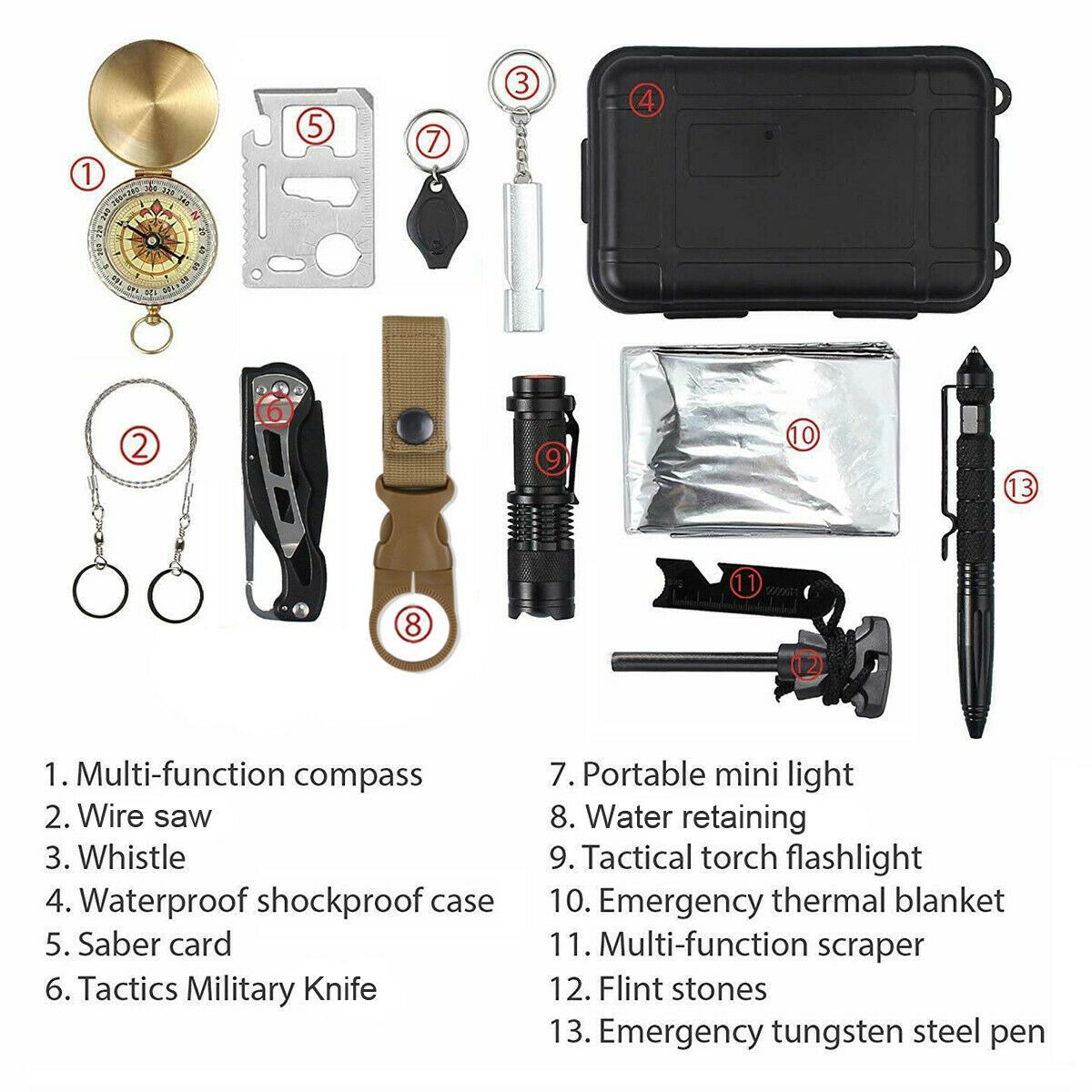 "Compact survival kit with 14 tools for camping and hiking"