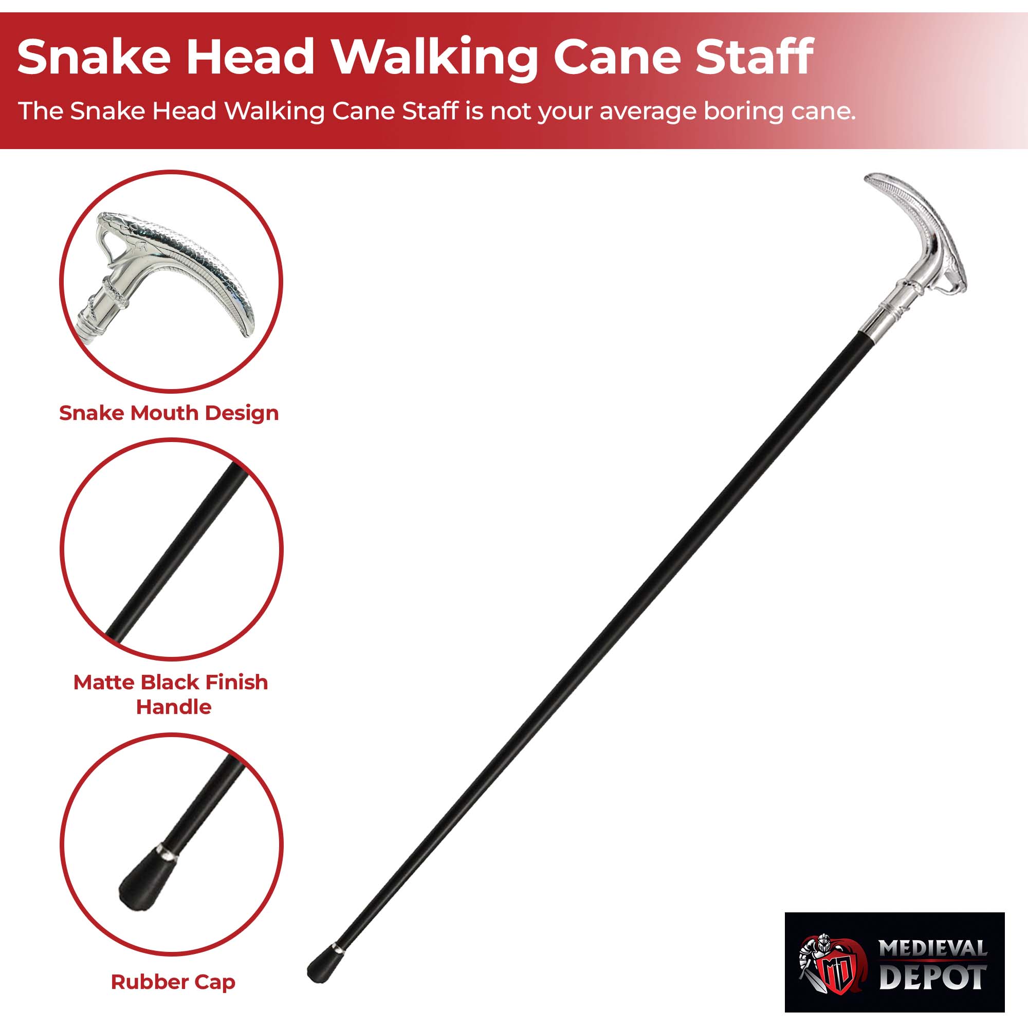Metal snake mouth design on walking cane handle with black shaft