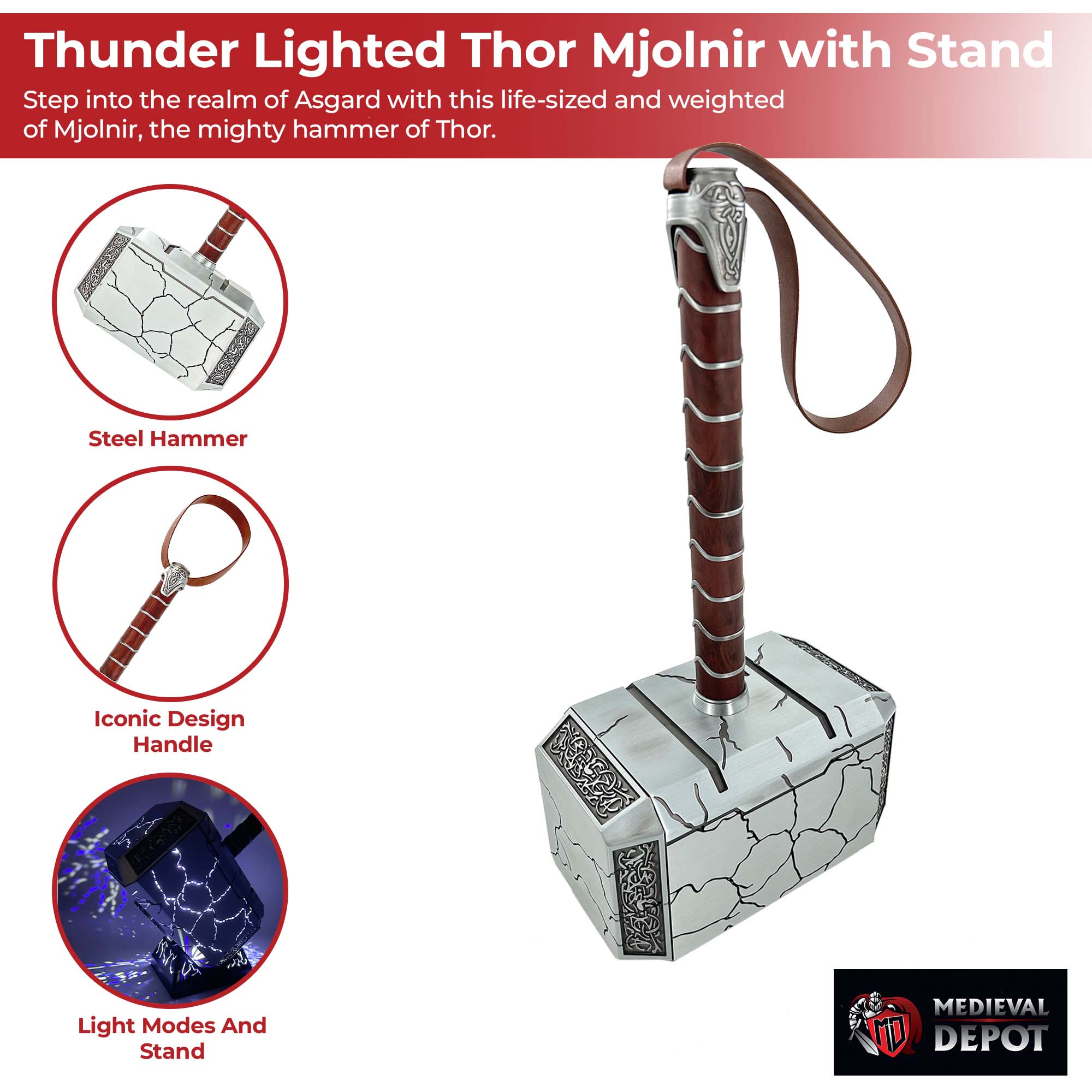 Thor Mjolnir replica glowing with storm LED lighting mode