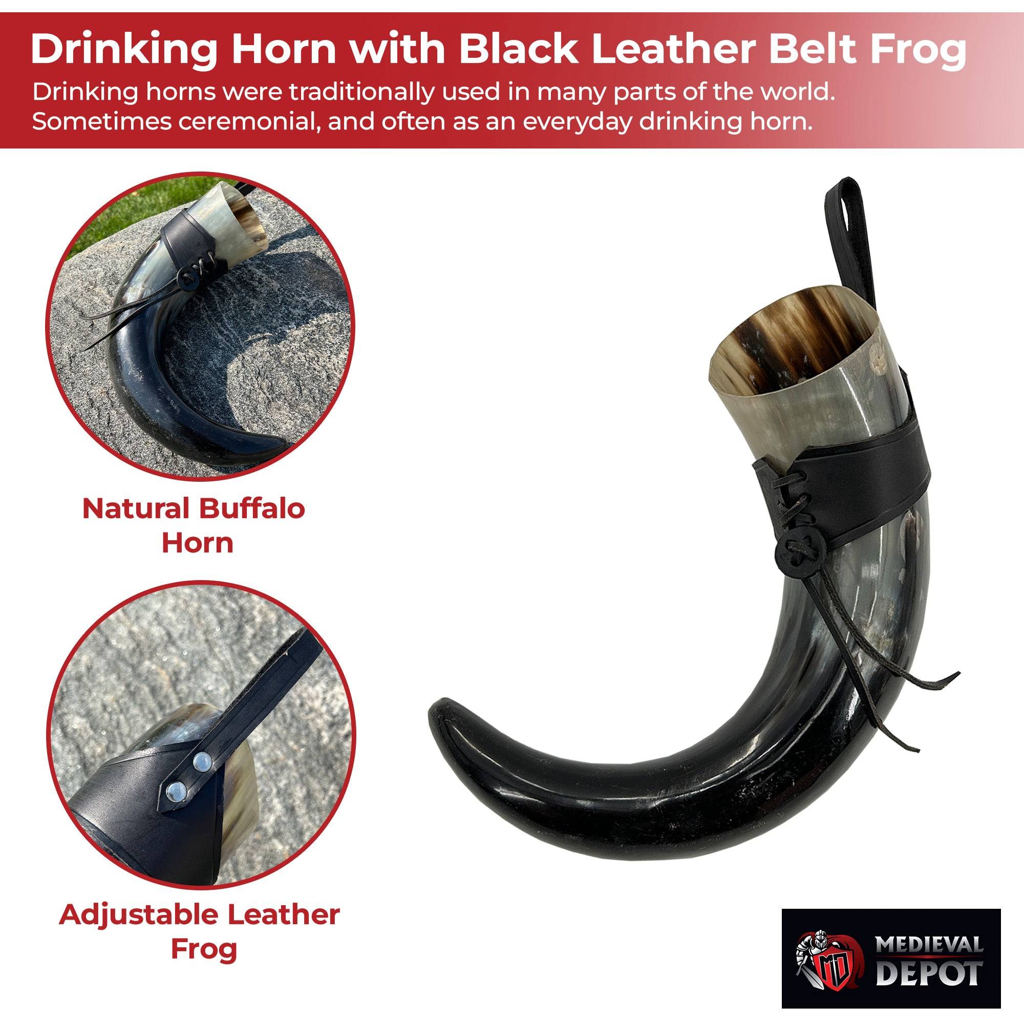 XL Drinking Horn with Black Leather Belt Frog - Smokey Finds