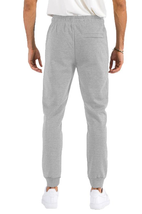 Close-up of zip pocket detail on heathered cotton sweatpants