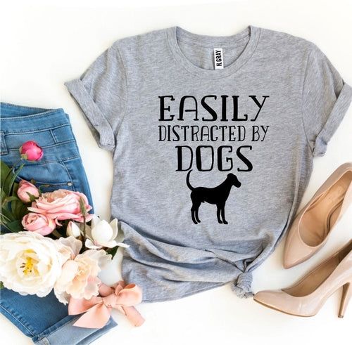 Easily Distracted By Dogs graphic t-shirt in navy, front view on model