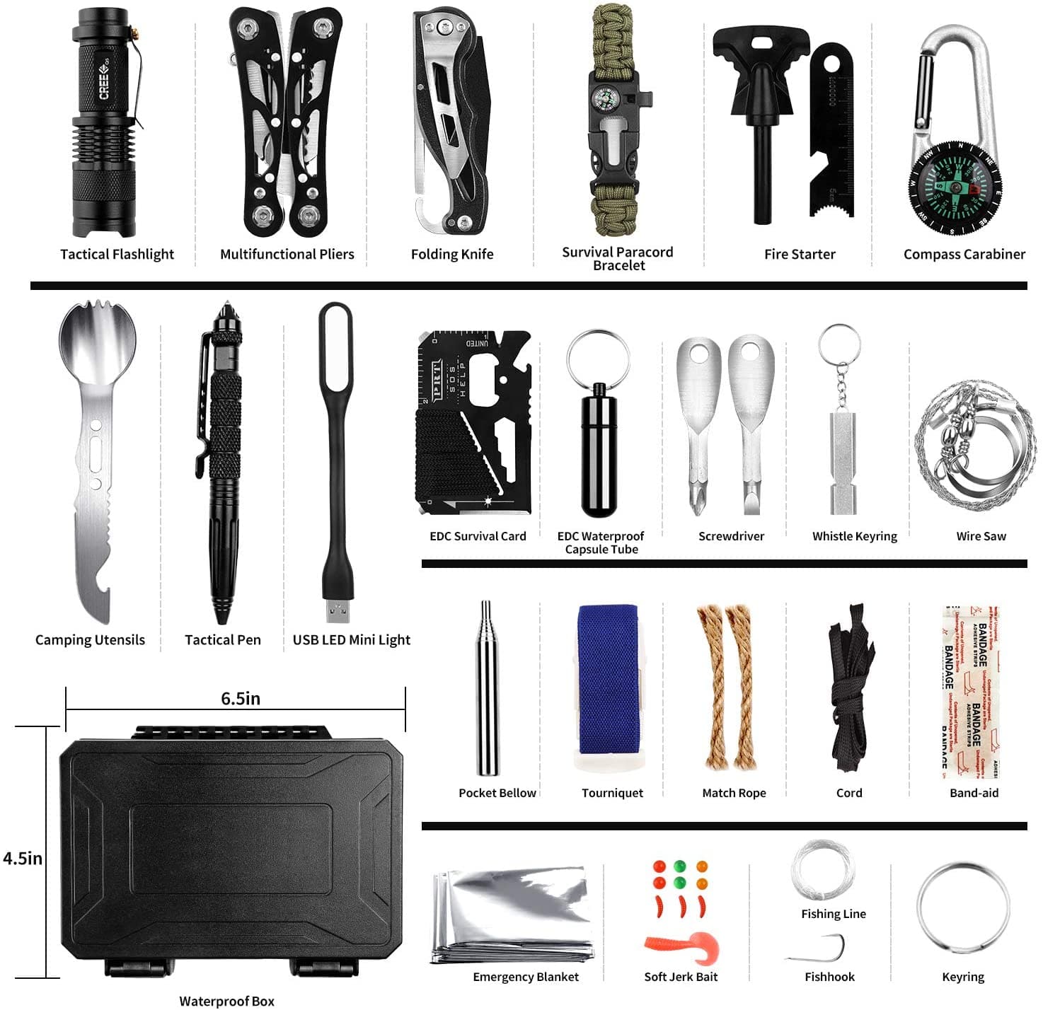 60-piece survival kit contents including multitool fire starter and flashlight